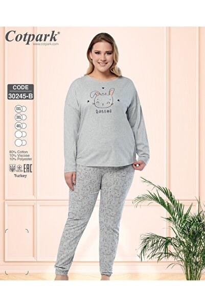 Cotpark Women's Plus Size Cotton Stretch Fabric Long Sleeve Pajama Set - Gray 30245-B