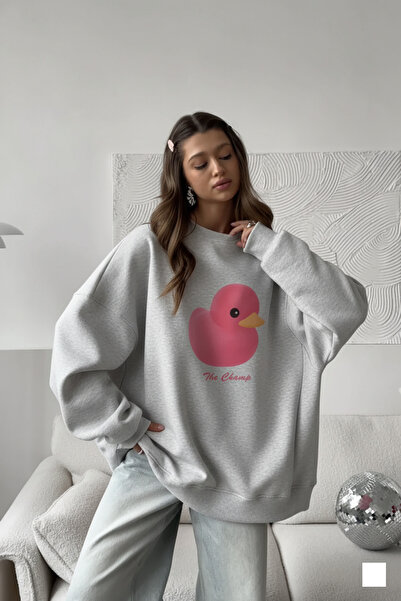 The Champ Clothing Women's Gray Melange Crew Neck Sweatshirt Dress – Pink Duck Printed 3 Yarn Ş Fleece-Lined Oversize