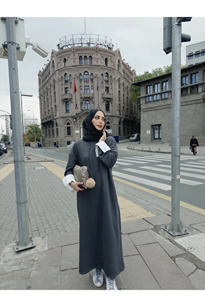 Jvelando Kapüşonlu Kışlık 3 İplik Tesettür Elbise