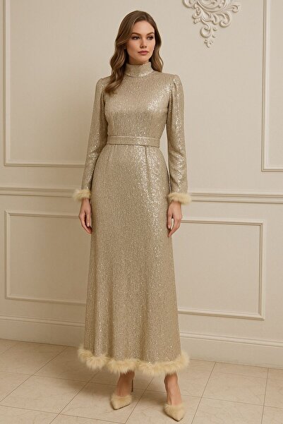 KADİR KORKMAZ GİYİM Pulpayet Altı Tüylü Astarlı Hakim Yaka Tesettür Abiye Elbise