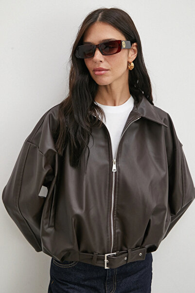 Never more Collared Belt Detailed Leather Jacket Brown