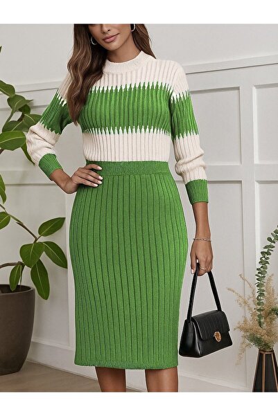 buğrahayalin Women's Long Sleeve Knitwear Skirt Suit