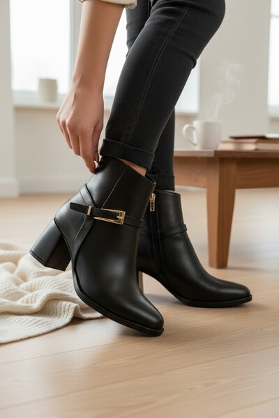 VeliKundura ZARİF SİYAH FERMUARLI TOKALI KADIN SİVRİ BURUN YARIM BOT