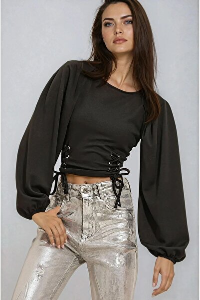 OLSAMODA Women's Eyelet Detail Balloon Sleeve Flexible Fabric Bluse