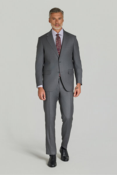 Bisse Comfort Fit 6 Drop Dokuma Mono Yaka Çift Yırtmaçlı Gri Erkek Takım Elbise