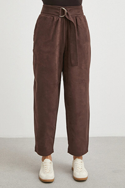 Never more Drawstring Waist Belt Buckle Trousers Brown