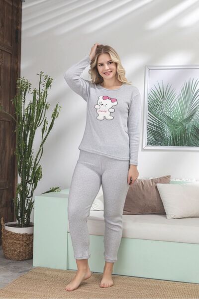 ELİTOL Lovie Bear Gray Soft Women's Pajama Set