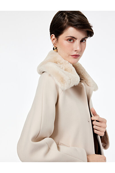 Koton Long Sleeve Buttoned Detachable Faux Fur Collar Cashmere Coat with Pockets
