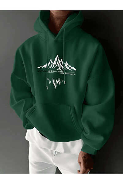 ALEYZA MODA Hanorac cu glugă pentru bărbați, cu imprimeu Mountain Reflection