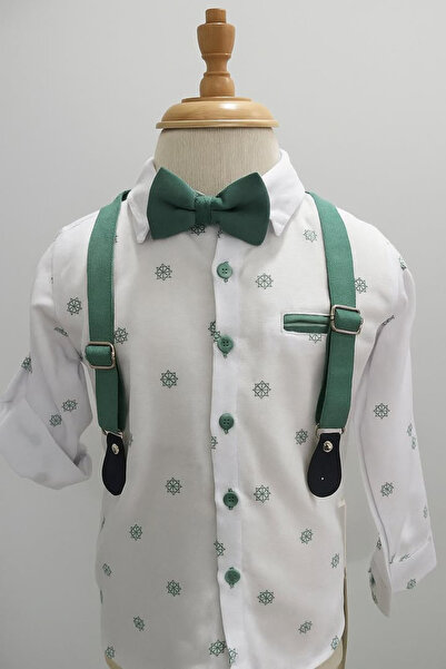 Universal Desenli Gömlekli - Yeşil Askılı Pantolonlu Papyonlu Erkek Çocuk Takım