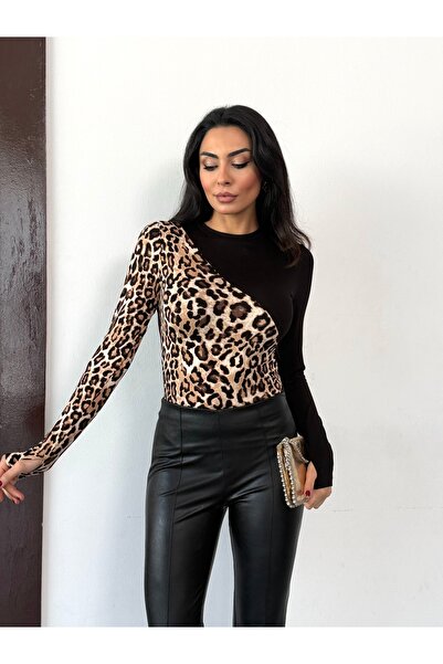 Bukamiss Women's Block Piece Beige Leopard Patterned Body with Finger Detail