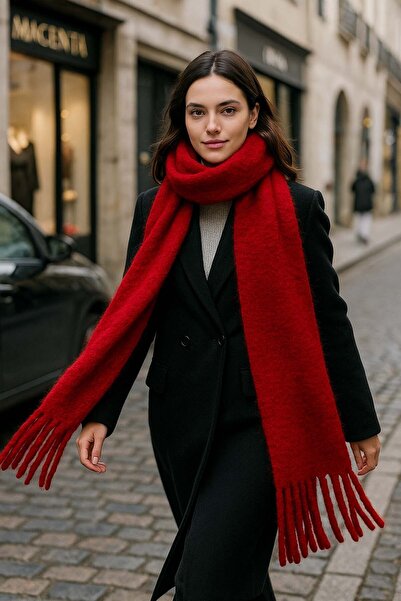 REMSA Women's Tassel Detail Scarf Shoulder Shawl 40X200 cm 1295 Red