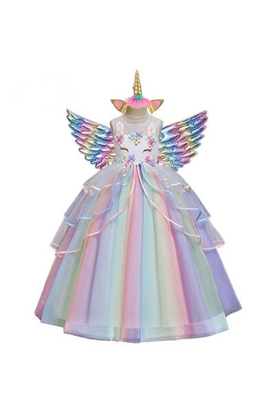 SOLLUXE Rochie printesa Unicorn cu accesorii pentru fetite costumatie joc de rol, alb/multicolor, 120 cm