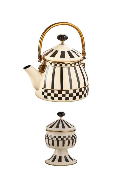 Altabi Prime Cream Enamel Herb Tea Pot and Enamel Footed Sugar Bowl