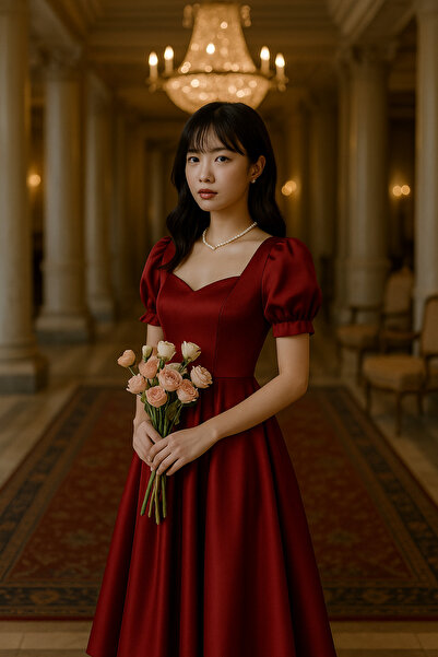 essolaria BİRCE Kadın Bordo Saten Kalp Yaka Detaylı Modern Elbise/Abiye