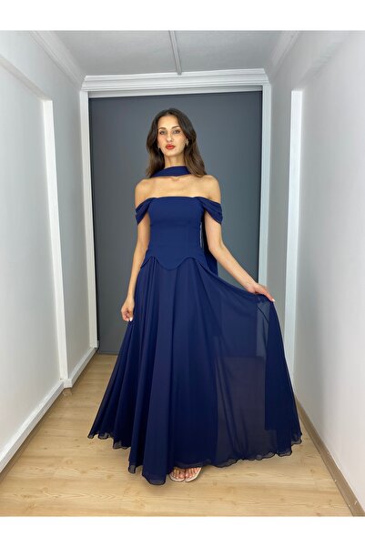 gökkuşagı moda Lacivert Askılı Straplez Bel Korsajlı Üst Krep Alt Şifon Uzun ...