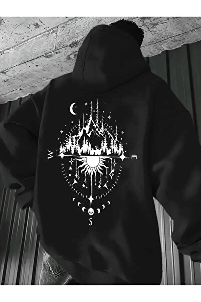 ALEYZA MODA هودي رجالي منقوش بنمط البوصلة الكونية قصة فضفاضة