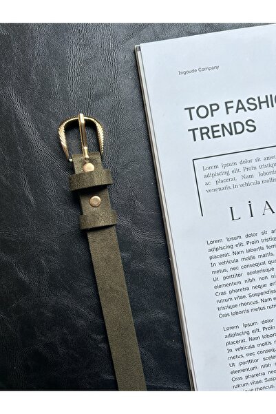 LİA KEMER Fact Striped Ring Patterned Suede Women's Gold Buckle Belt Jacket Belt Dress Belt Trouser Belt