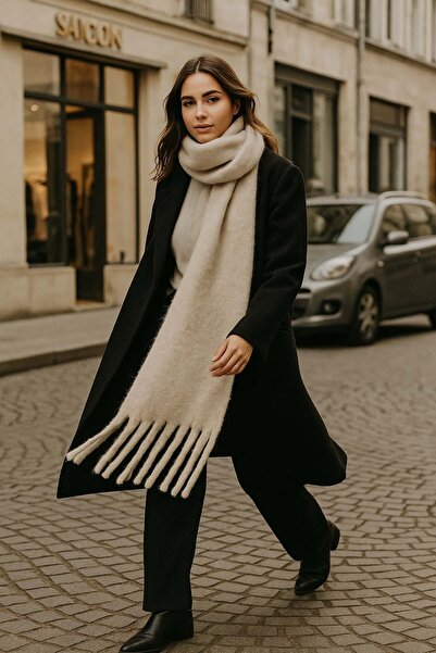 REMSA Women's Tassel Detail Scarf Shoulder Wrap 40x200 cm 1295 Beige