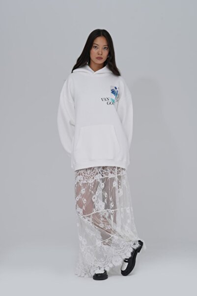 fame-stoned Vincent Van Gogh Printed ,Embroidered 100% Cotton Hooded White Sweatshirt