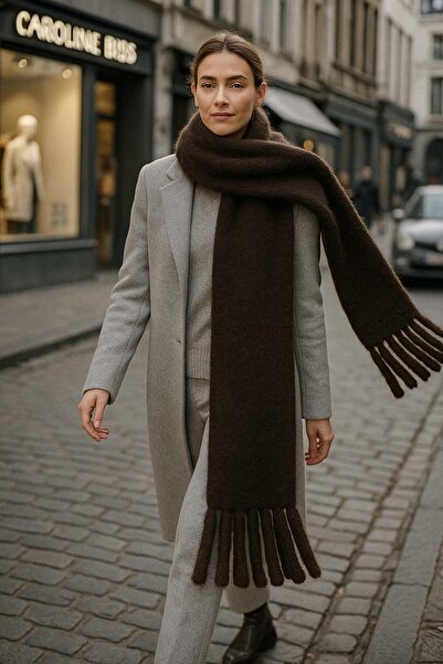 REMSA Women's Tassel Detail Scarf Shoulder Shawl 40X200 cm 1295 Brown