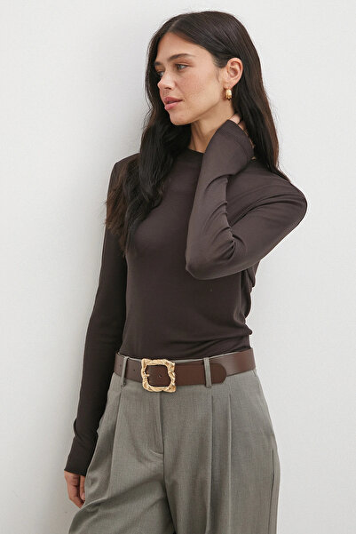 Never more Μπλούζα με μακρύ μανίκι με λαιμόκοψη καφέ