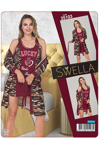 SWELLA Kadın Pamuklu Pijama Takımı Desenli Dantelli Sabahlık Seti