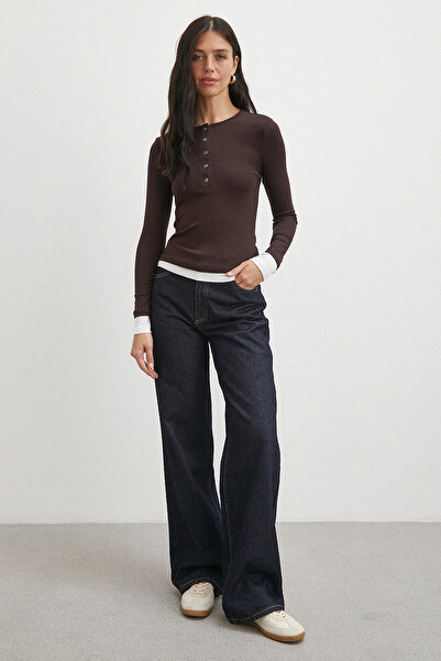 Never more συνδυασμός υφασμάτων Μπλούζα με κουμπώματα καφέ