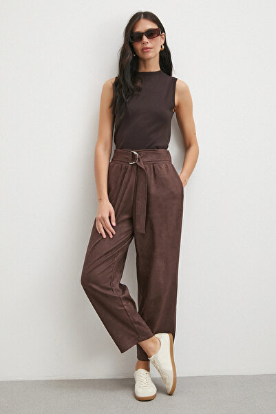 Never more Drawstring Waist Belt Buckle Trousers Brown
