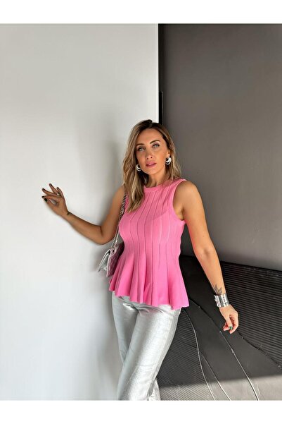 Zerrincan Giyim Pembe Belden Oturtmalı Volanlı Bluz