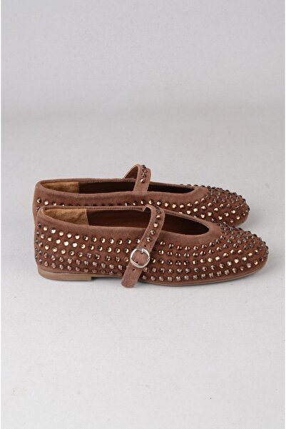SEÇ KUNDURA Select 8666 Stone-Detail Special Production Genuine Leather Ballerinas Brown Suede