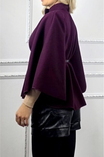 FashionForYou Amalia Poncho-Style Coat with Belt and Flared Cut, Dark Purple, Size S/M