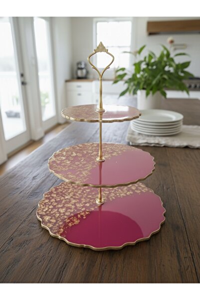 BG CONCEPT 3 Katlı Epoksi Sunumluk – Pembe & Altın Varaklı Lüks Servis Standı