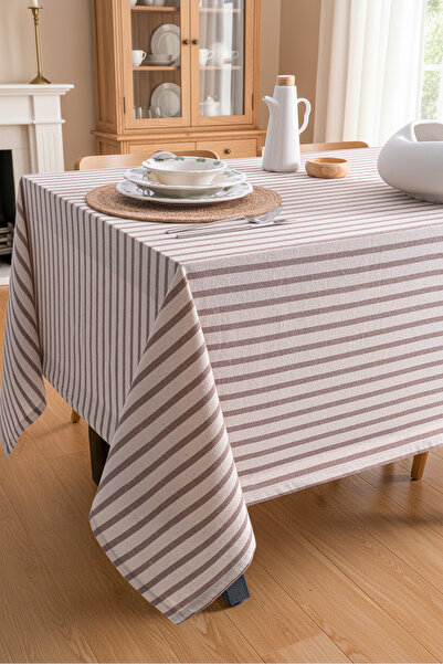 RUBİ PORSELEN Brown Striped Linen Tablecloth 160X220 cm - Soft Textured