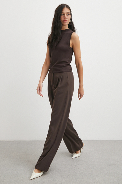 Never more Elastic Waist Pleated Wide Leg Pants Brown