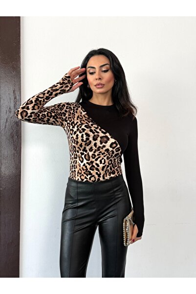 Bukamiss Women's Block Piece Beige Leopard Patterned Body with Finger Detail