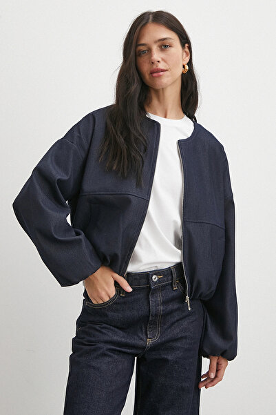 Never more Elastic Waist Zippered Denim Look Bomber Jacket Navy Blue
