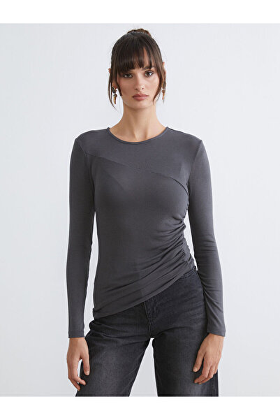 LC Waikiki Gray Crew Neck Gathered Women's Bodysuit