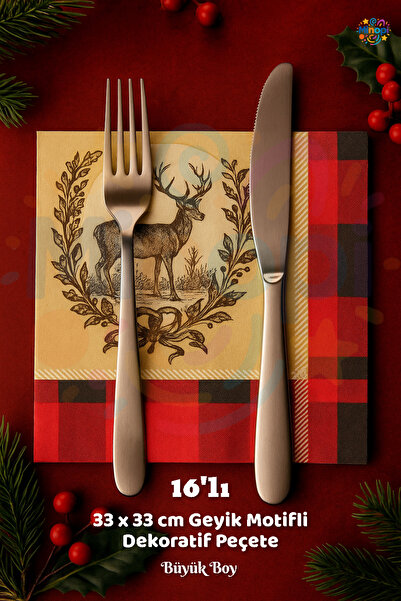 Minopi Geyikli Peçete Sunumluk I16 Adet Dekoratif Estetik Yılbaşı Parti Konse...
