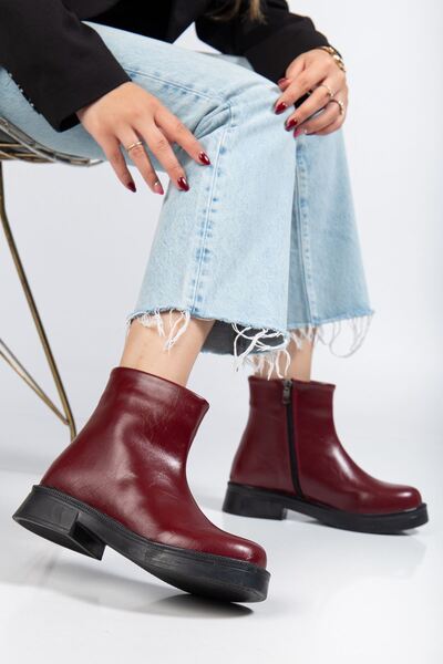 Budi 02-3033 Burgundy Wrinkled Patent Leather Zippered Daily Women's Boots