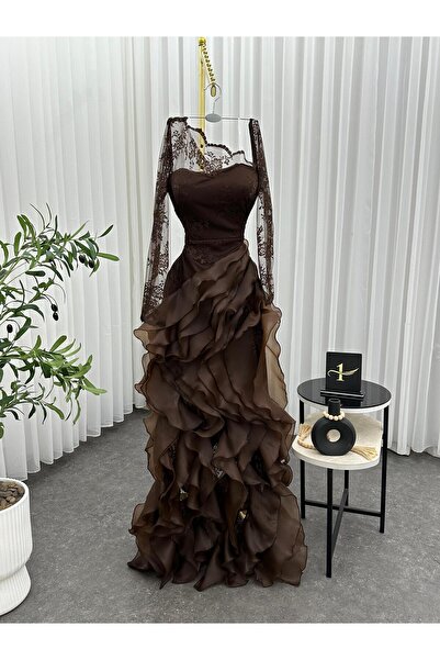 NALA FASHION Mocha evening dress with luxurious layers