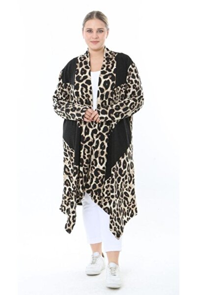 Butik Nilyam Women's Plus Size Asymmetrical Cut Leopard Print Stretchy Viscose Long Cardigan Black 25000