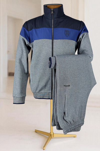 BESSA Gray Mock Neck Tracksuit Set Parachute Fabric Detailed Zippered Pocket Straight Leg Men's
