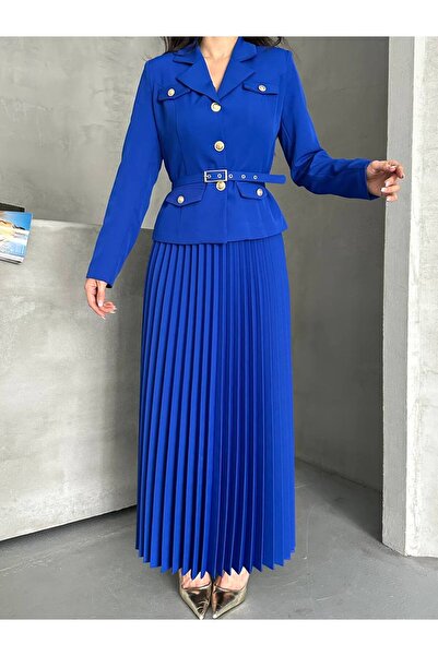 Bella Breeze Kadın Kemerli Gold Düğmeli Premium Ceket Pileli Uzun Etek Takım Elbise