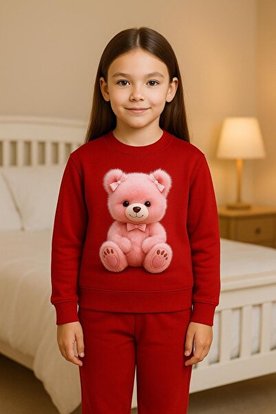 playwear Παιδικό βαμβακερό σετ φούτερ με στάμπα ΡΟΖ ΑΡΚΟΥΔΑΚΙ, για ΗΛΙΚΙΕΣ 3-...