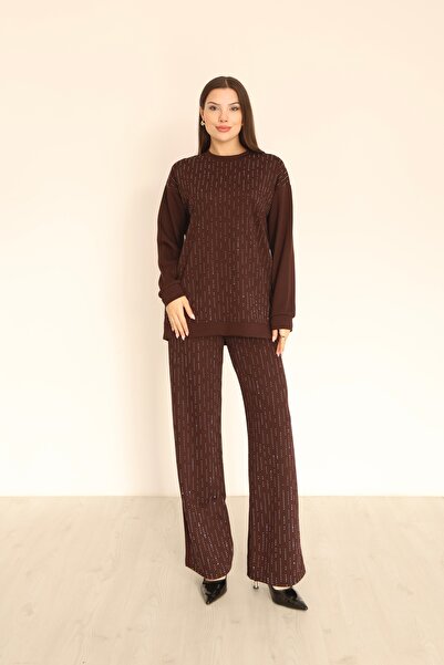 HEDEF DAİSY طقم رياضي نسائي علوي وسفلي لون بني رمادي قصة فضفاضة قماش مودال موديل مريح