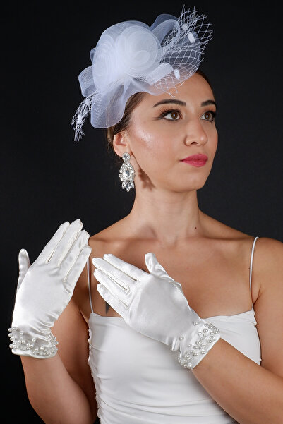 Hayalperest boncuk Tulle Flower Bridal Wedding Cap Accessory and Satin Wedding Gloves Set with Pearls