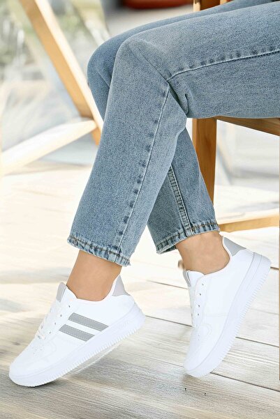 TOFİSA Women's White Gray Air Sports Shoes - 27474-White-Grey