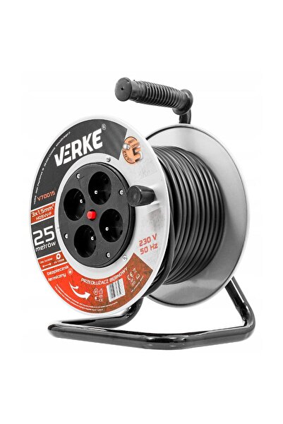 VERKE Black cable extension roll, with metal frame, 25 meters 3 x 1.5 mm