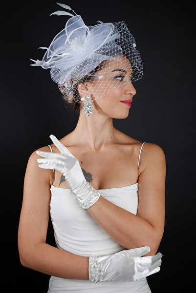 Limelia إكسسوار قبعة الزفاف المزينة بالريش ومجموعة قفازات الزفاف المصنوعة من ...